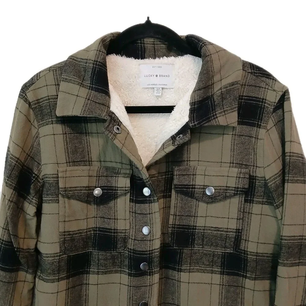Lucky Brand Plaid Flannel Sherpa Jacket Shacket Womens Small Lined Green Camp - Picture 2 of 12